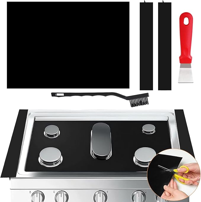 Guards for Gas Stove Top Protector Covers 0.3mm Cuttable,Heat Resistance Burner Covers Stove Mat Protector with 2 Stove Gap Fillers&Cleaning Brushes&Scraper Reusable Durable Washable