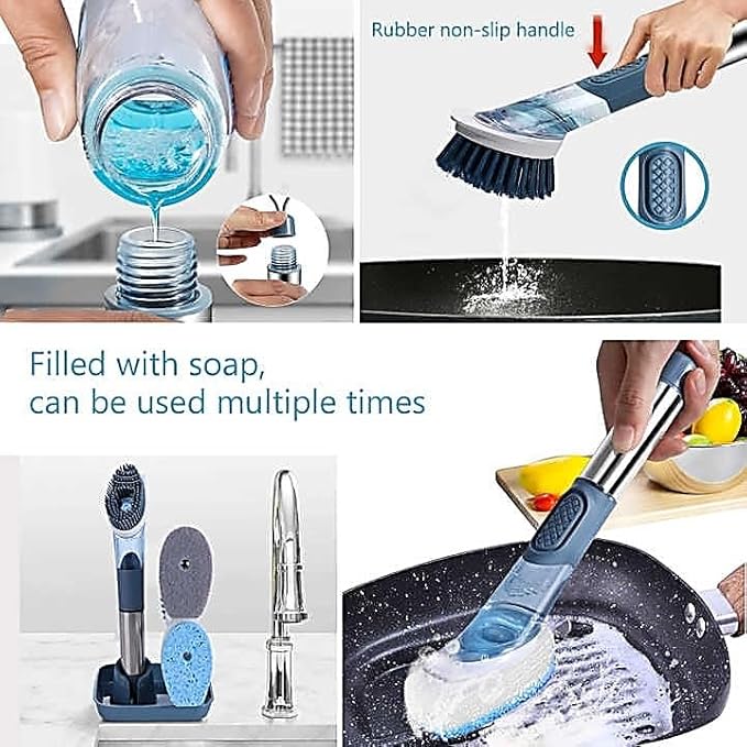 Soap-Dispensing Dish Washing Brush Set – Includes 4 Replaceable Heads & Stylish Storage Stand – Effortless Scrubbing for Dishes, Pots, Pans & Sinks