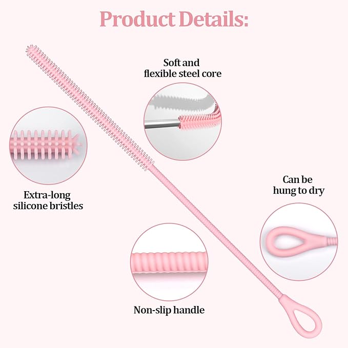 Silicone Straw Cleaner Brush, 2Pcs Straw Cleaner Brush Extra Long, Straw Brush Bristles Cleaner Brush for Cleaning Stanley, Metal Glass Straws, Drink Lid (Pink)