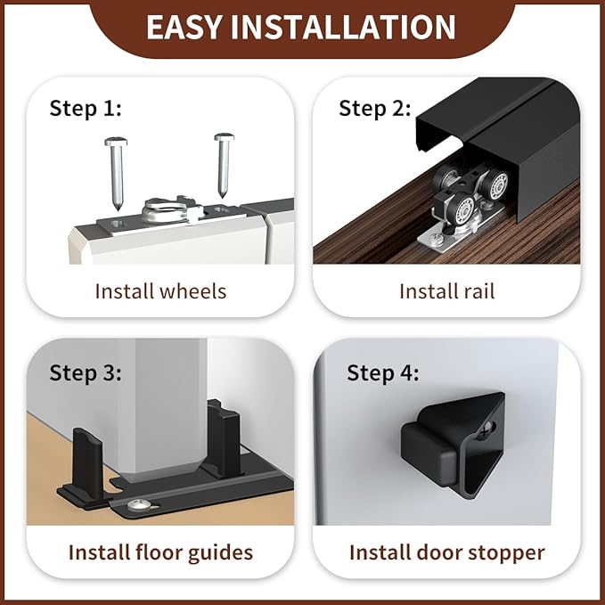 Heavy Duty Bypass Sliding Closet Door Track Hardware 72", 6 FT Aluminium Pocket Door Track Rail Set, Smoothly and Quietly, for 2 Door System,Black