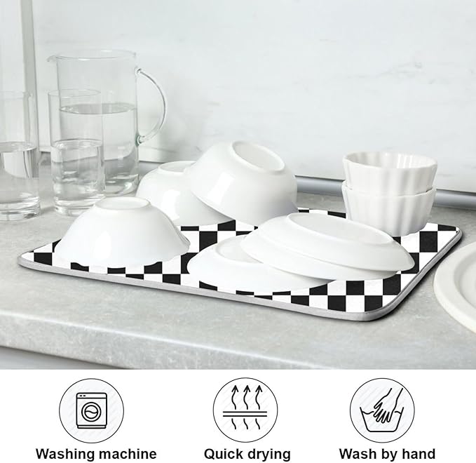 Black White Checkered Pattern Dish Drying Mat for Kitchen Counter Absorbent Microfiber Drying Pad, Medium 16x18 in, Reversible Drainer Mats