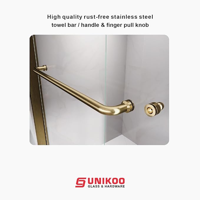 60" W x 76" H Double Sliding Frame Shower Door with 5/16" Clear Tempered Glass,Stainless Steel Roller Brackets,Waterproof Threshold Track,Easy-Cleaning Coating & Towel Bar/Knob, Satin Brass
