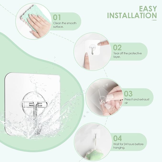 Adhesive Wall Hooks for Hanging, Clear Removable Window Hooks 13 lb Stainless Steel Stick on Hooks Waterproof Self Adhesive Hooks for Shower Door Ceiling Kitchen Cabinet 24 Pack