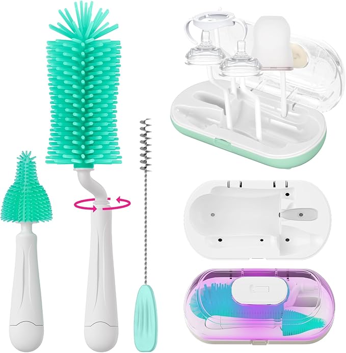 Bottle Brush Set,Travel Bottle Cleaner Kit with Baby Bottle Brush,UV Light,Straw Brush,Nipple Brush,Bottle Drying Rack for Home and Travel(Green)