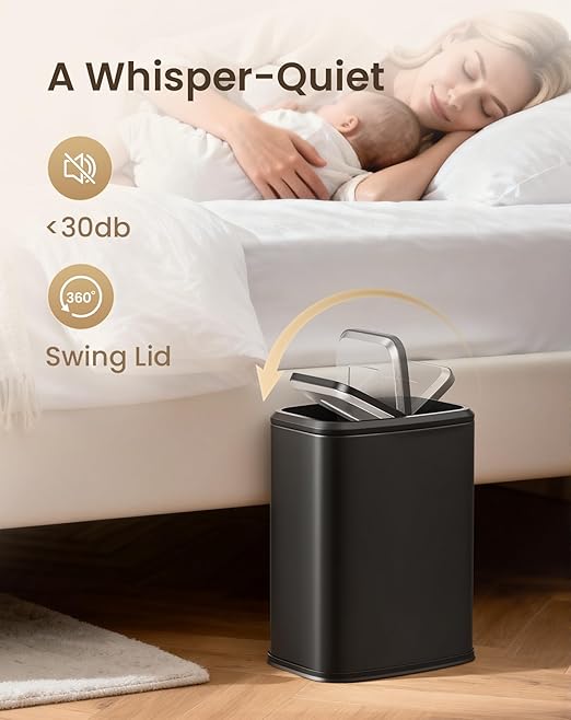 Cesun Small Bathroom Trash Can with Swing-Top Lid,8L/2.1 Gallon Stainless Steel Garbage Can with Removable Inner Bucket, Slim Waste Basket for Home, Office, Toilet, Bedroom, Living-Room (Black)