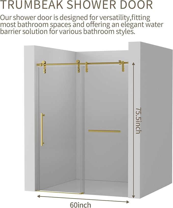 56-60" W x 76" H Frameless Shower Door,Sliding Shower Door with 5/16"(8mm) Clear SGCC Tempered Glass,Glass Shower Door w/Seal Strip Parts and Handle,Stainless Steel Hardware,Gold