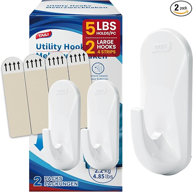 TAILI Hooks for Hanging,2 Plastic Large Sticky Hooks and 4 Adhesive Strips, White Utility Hooks for Painted Wall, No Damage Heavy Duty Hold up to 5 lb, Removable & Reusable for Door, Dorm, Clothes