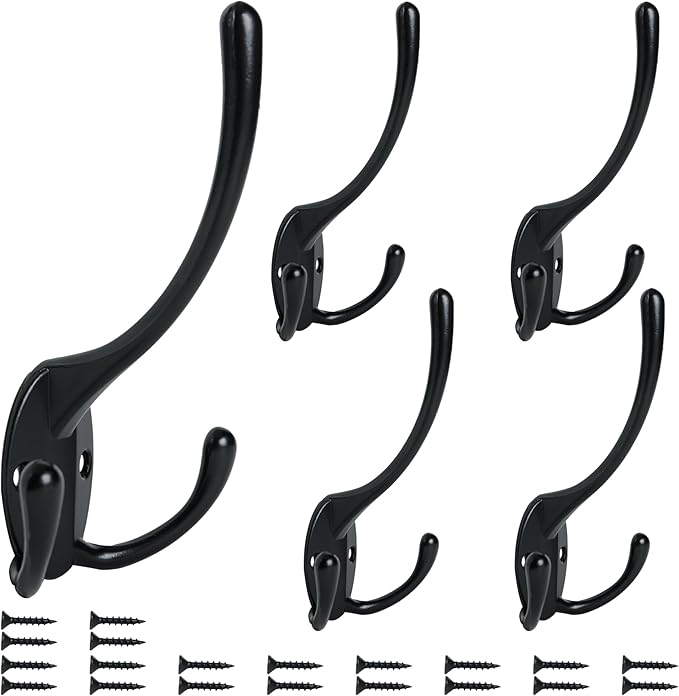 Aynoo 5 Pack Big Heavy Duty Three Prongs Coat Hooks,Wall Hooks,Wall Mounted Metal Towel Coat Rack Hanger Hardware,Black