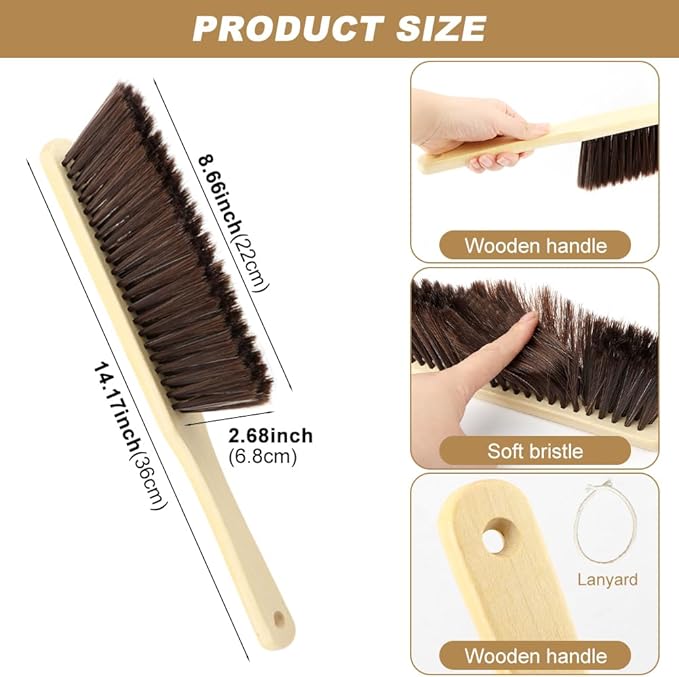 2 Pieces Wooden Hand Broom Brushes, Bench Brush with Long Wood Handle, Soft Bristle Cleaning Dust Brush for Counter, Bench, Car, Furniture, Bed, Woodworking Cleaning(Color:As Shown)