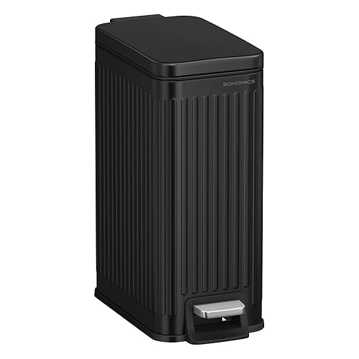 SONGMICS Bathroom Trash Can, 1.6-Gallon (6 L) Trash Bin with Lid, Slim for Small Spaces, Stainless Steel Garbage Can, Soft Close, Black ULTB563B02