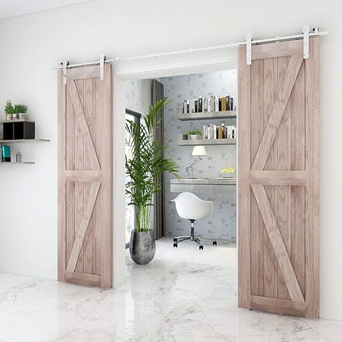 TSMST 5.5FT Sliding Barn Door Hardware Kit, Stainless Steel & Aluminum, Rustic Style, Double Wood Door, 16" Max Width, 220lbs Max Weight, Quiet & Smooth Slide