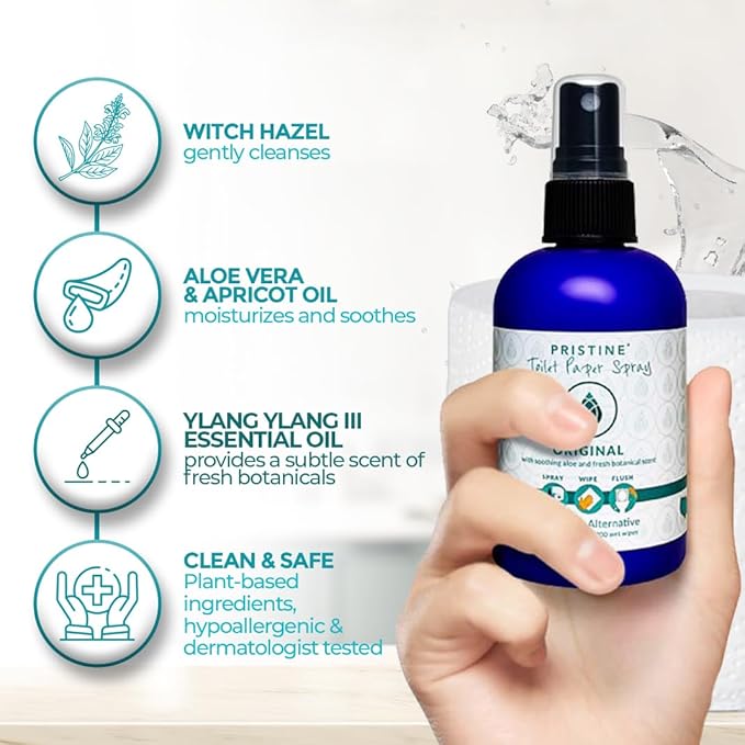 PRISTINE Toilet Paper Spray - As Seen on Shark Tank, More Natural Personal Cleansing Wipes & Flushable Wet Wipes Alternative, Spray Toilet Paper to Create Flushable Wipe, Original, 4 fl oz