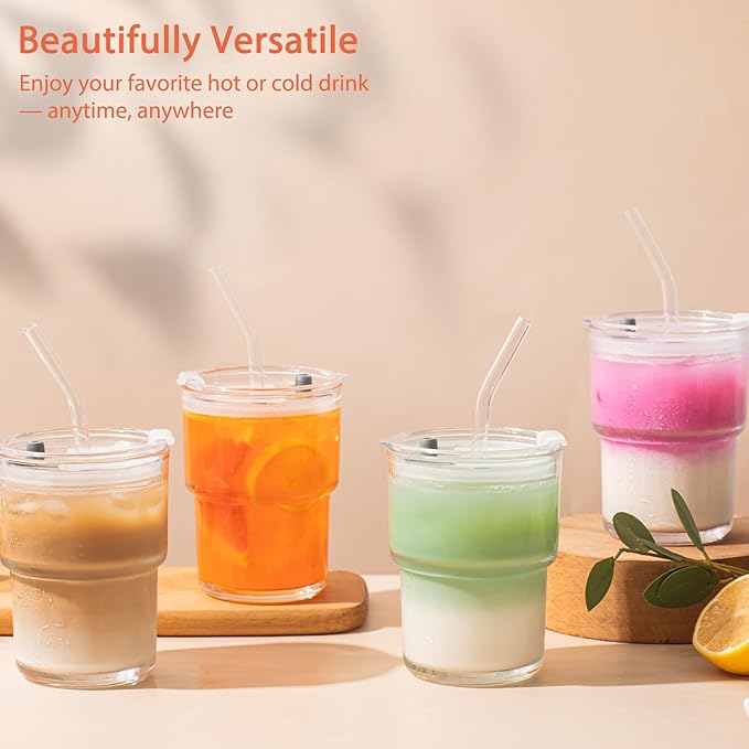 13oz Glass Tumbler with Lid and Glass Straw Set of 4 – Thick-Walled Iced Coffee Cup, Reusable Clear Glass Cup for Water, Iced Tea, Coffee, Juice, Perfect for On-the-Go & Daily Use
