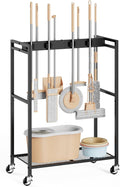 BORISI Broom And Mop Holder, Movable Broom Closet Storage Cabinet, Cleaning Cart with Mop Hanger Gripper Rack, Janitorial Cart, Utility Carts, Laundry Room Organization Home Essentials