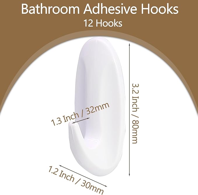 12 Pack Medium Utility Hooks, Holds up to 2.5 lb, Damage Free Hanging Hooks Removable Wall Hooks Self Adhesive Hooks, Heavy Duty Sticky Hooks for Hanging Garland Hat Key Coat Wreath Towel