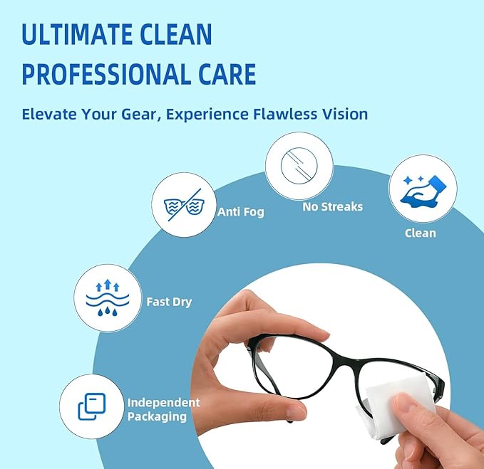 Anti Fog Wipes for Glasses (100-pack) | Pre-Moistened, Quick Dry & Scratch Free for Laptop Screens, Optical Lens, Goggles, Smart Phone and Watch Screens (Extra Large)