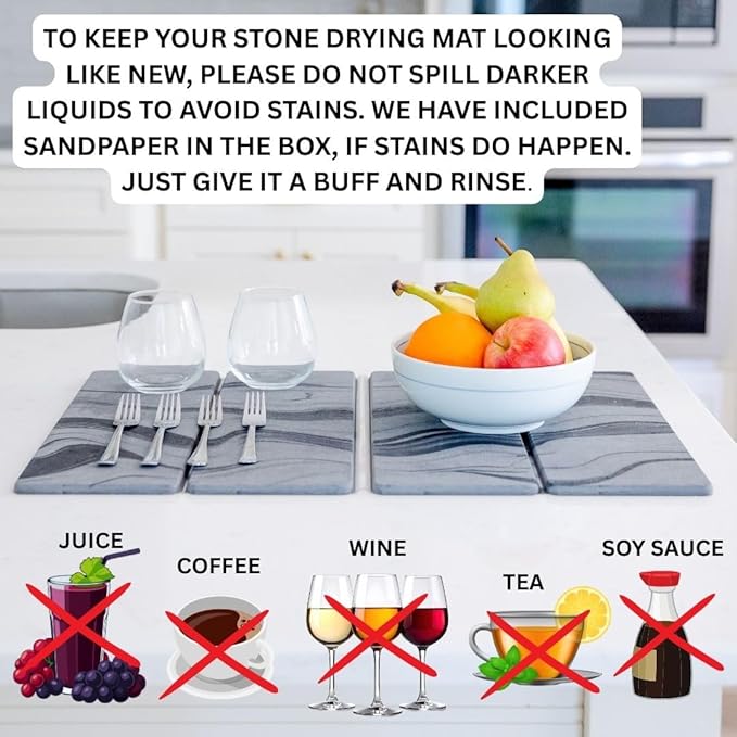 Large Stone Dish Drying Mat for Kitchen Counter | 23.5” L x 15.3” W Diatomaceous Earth Quick Drying Pad | Foldable & Super Absorbent Dish Drying Stone for Plates, Bottles & Utensils | Gray