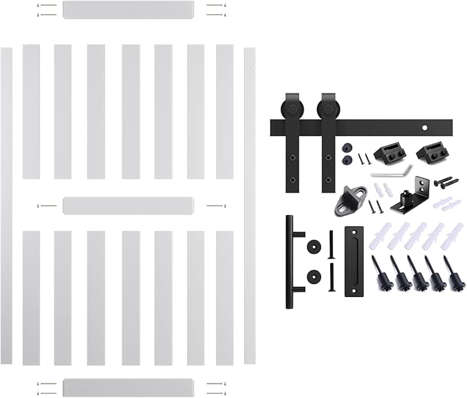 48''x 80'' Sliding Barn Door with 8 Ft Barn Door Hardware Kit& Handle& Floor Guides,Pre-Drilled Holes Easy Assembly - Include Installation Manual, Water-Proof PVC Surface, H-Frame, White