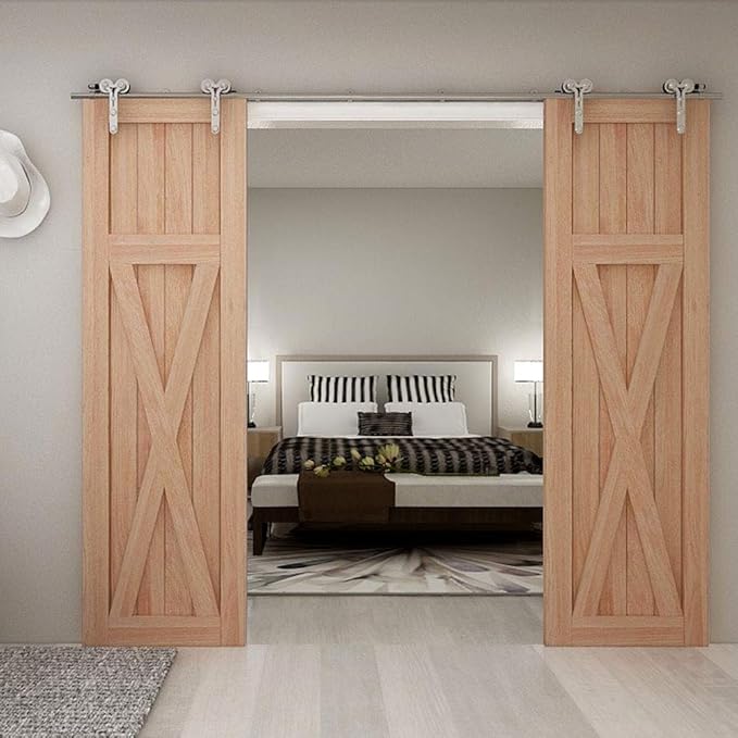 TSMST 9.6FT Sliding Barn Door Hardware Kit, Top Mount Stainless Steel Heavy Duty Sturdy Barn Door Track for Double Wood Door, Slide Smoothly Quietly (Y Style)
