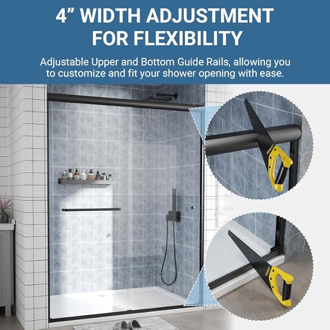 Glass Sliding Shower Door 56-60" W x 72" H, Semi Frameless Double Sliding Bathroom Shower Door, 1/4"(6mm) Clear Tempered Glass, Nano Easy Cleaning Coated, ANSI Cerified, Matte Black