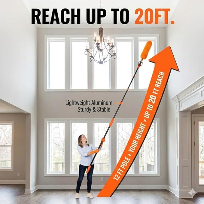 20FT Light Bulb Changer for High Ceilings, 10PCS Extension Pole Kit with 360° Adjustable Bulb Grabber, Ceiling Fan Duster & Window Cleaner, No Ladder Needed