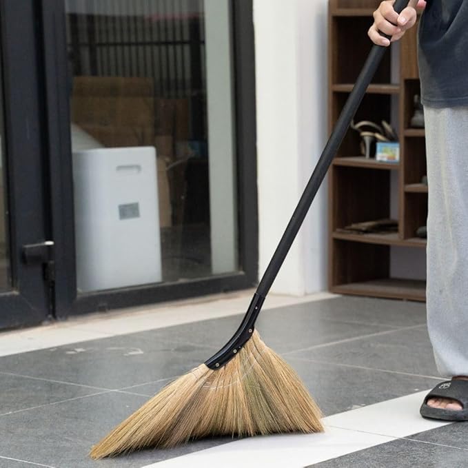 Vietnamese Straw Soft Broom - Indoor Grass Broom - Sweeping Hand with Black Long Handle Broomstick for House, Garage, Office, Lobby Room, Kitchen with 37.98 in Length