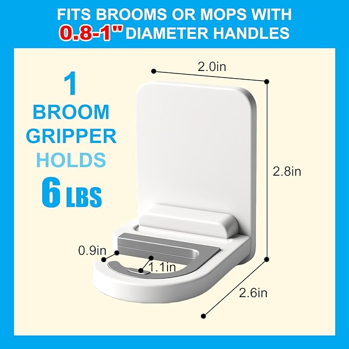 12Pack Broom Holder Wall Mount, Damage Free Hanging Wall Mount Broom and Mop Holder, Household Cleaning Organizer for Organization and Storage, Holds up to 6 lb
