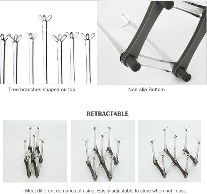 Marbrasse Retractable Cup Drying Rack, Drinking Glass and Sports Bottle Drainer Stand, Plastic Bag Dryer with Non-Slip Bottom for Kitchen Countertop, 2p