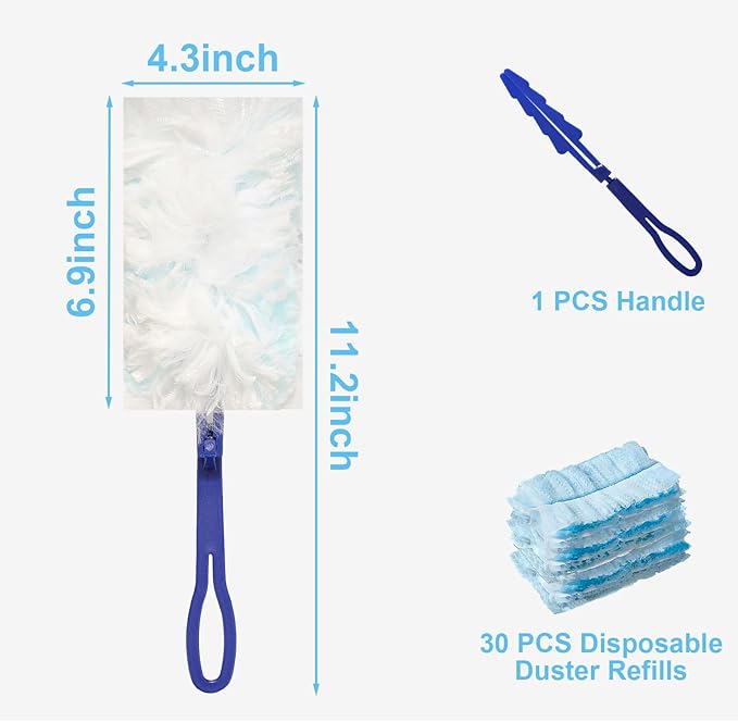 30 Count Duster Refills for Swiffer Duster, Disposable Static Duster Refills Bulk Replacement Head with 1 Handle for Cleaning Home Office Furniture, Blinds