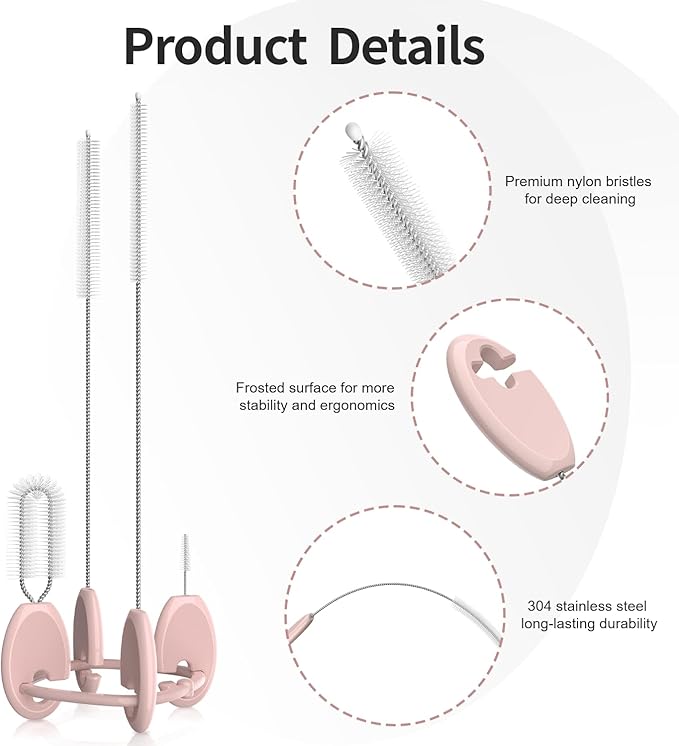 4in1 Straw Cleaner Brush Set, Standing Cleaning Brush Set Includes 7mm &10mm Straw Brushes, Cup Lid Brush, Crevice Brush, for Wide and Narrow Straws, Water Bottles, Cups and Lids, Pink