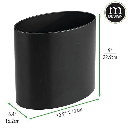 mDesign Stainless Steel Metal Oval Trash Can, 7.9 Liter/2.09 Gallon Wastebasket, Garbage Basket Bin for Bathroom, Bedroom, Kitchen, Home Office, Holds Waste and Recycle, Mirri Collection, Black