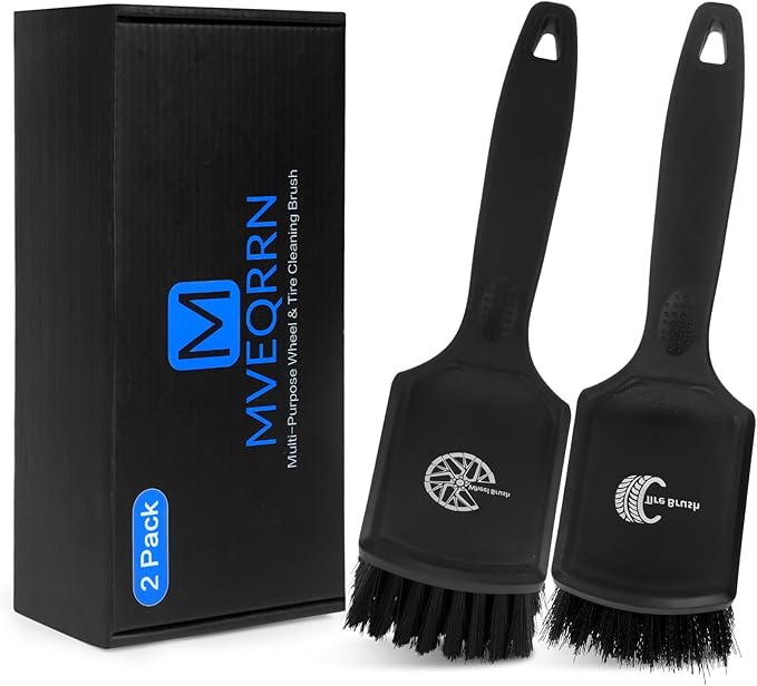 2Pack Car Tire & Wheel Brush Set for Car Rims, Soft & Stiff Bristle Wheel Cleaner Brush,Non-Scratch Rubber Short Handle Car Detailing Wheel Brush for Cleaning Wheels, Alloy Rims,Tires(Black)