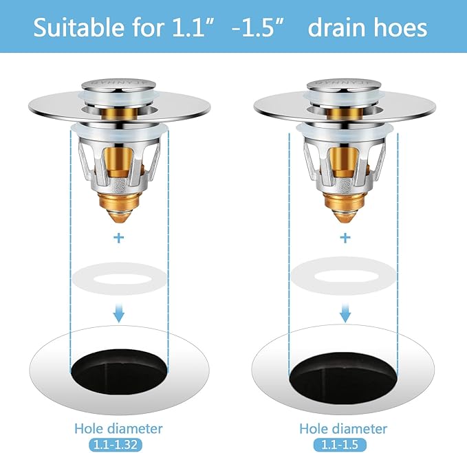 Bathroom Sink Stopper with Hair Catcher – Universal Pop-Up Drain Strainer for 1.1–1.5 inch US Standard Sink Drain Holes, Includes 3 Sets of Silicone Gaskets