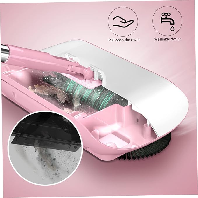 Manual Vacuum Sweeper, 180 Degree Rotating Push Vacuum Non Electric Floor Sweeper, 2 in 1 Manual Sweeper for Carpet and Floors(Pink)