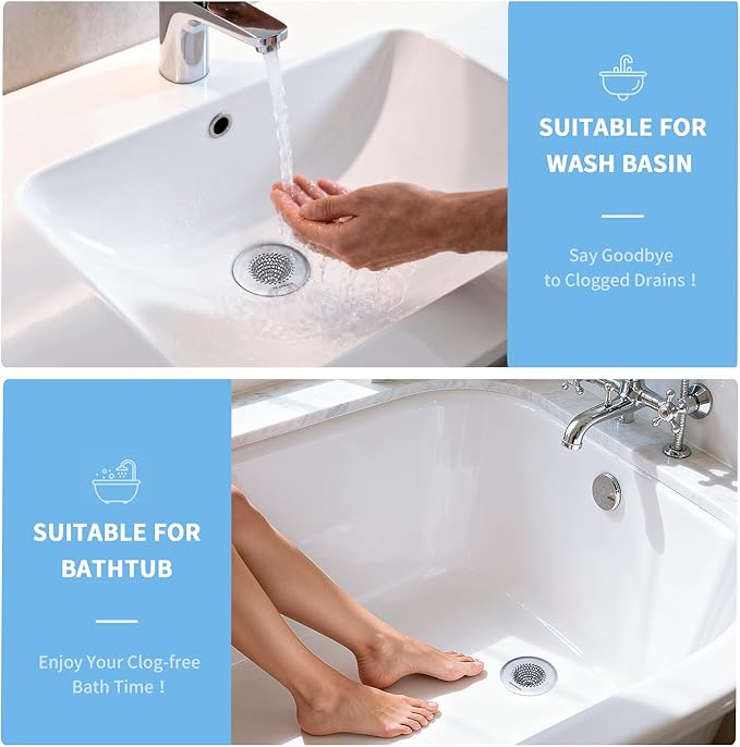 TRAPMATE Bathtub Stopper Drain Strainer Kit, Easy Clean Tub Shower Drain Hair Catcher, Anti-Clog Stainless Steel Sink Cover, Drain Protector for Bathroom Sink & Wash Basin (Patented Product)