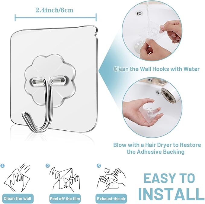 Wall Hooks - 33 lbs Max, Transparent, Seamless, Waterproof & Oilproof, Heavy Duty Adhesive Coat & Towel Hooks (10 Pack)
