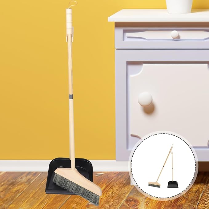 GANAZONO Broom and Dustpan Set Long Handle Household Cleaning Tools Indoor Outdoor Use Ergonomic Lightweight Wooden Brush for Home Garage Workshop