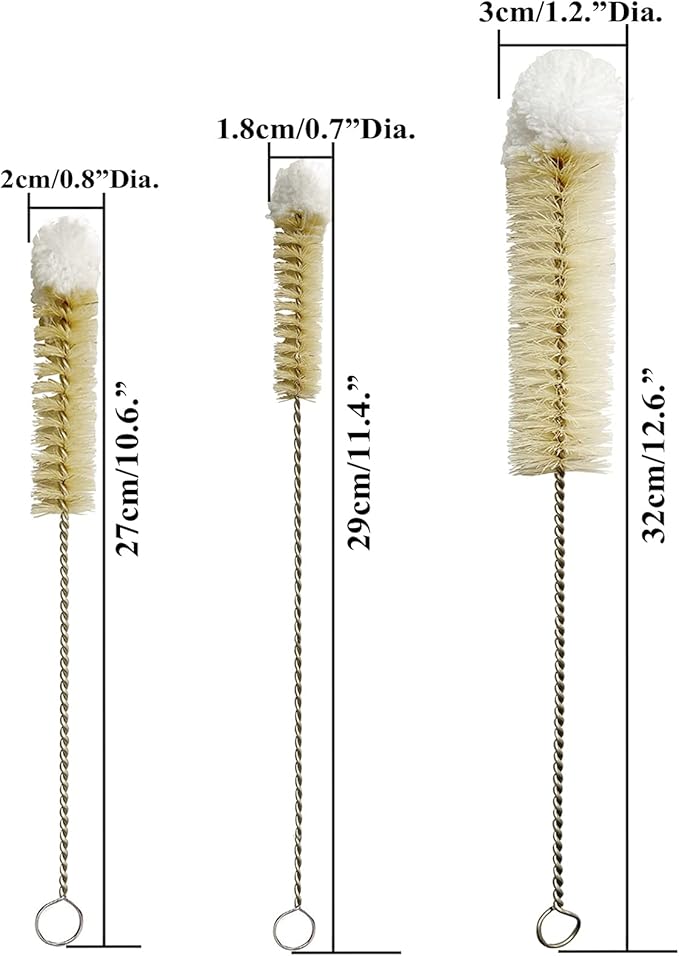 NewFerU Stainless Steel Soda Bottle Cleaning Brush Set in Natural Boar Bristle Wool Tip Long Handle, Flexible Bendable Thick Wire Cleaner for Narrow Neck Water Baby Bottles Straw Pipe Tube Flask (3)
