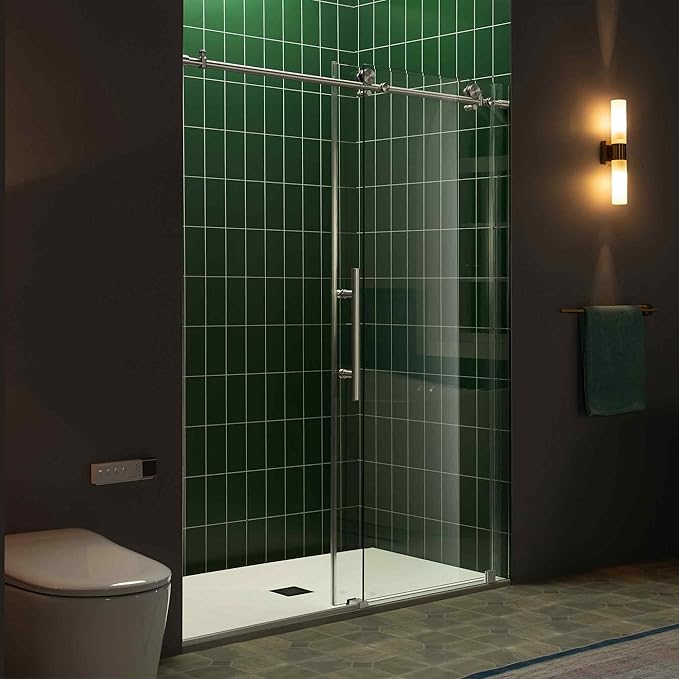 Woodbridge 56-60" W x 80" H Frameless Single Sliding Shower Door with Tempered Glass & Explosion Proof Film in Brushed Nickel Finish