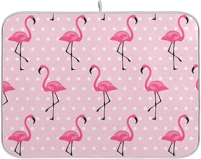 Tarity Cute Pink Flamingo Dish Drying Mat for Kitchen Counter Absorbent Heat Resistant Microfiber Dishes Drainer Mat 18x24 in Large Dish Pad Sink Mat Protective Pad Kitchen Decor