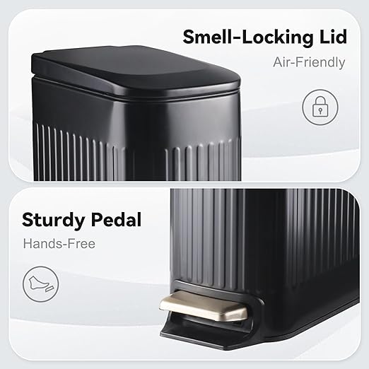 Slim Bathroom Trash Can Foot-Operated Stainless Steel Garbage Can with Soft Close Lid Step Trash Bin with Removable Inner Bucket for Bedroom, Office, Kitchen (Matt Black, 1.8 Gallons)