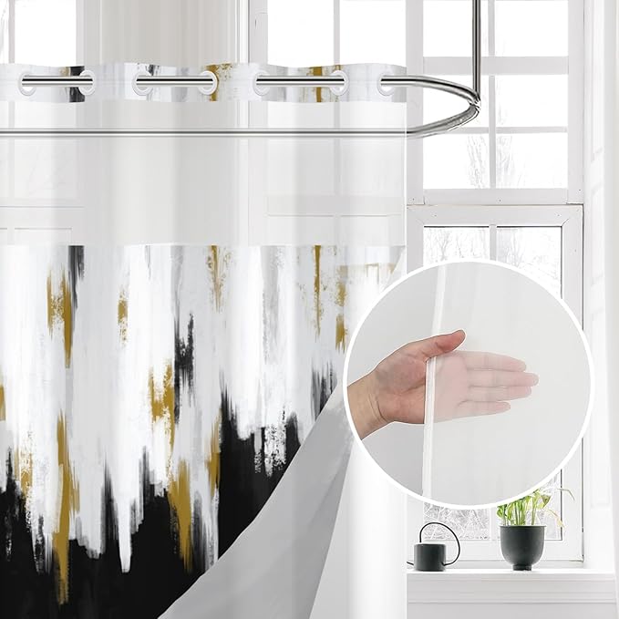 No Hook Shower Curtain with Snap in Liner, Hotel Style Black White Gold Brush Strokes Art Modern Shower Curtain Waterpoof Washable with See Through Top Window,71"x71"
