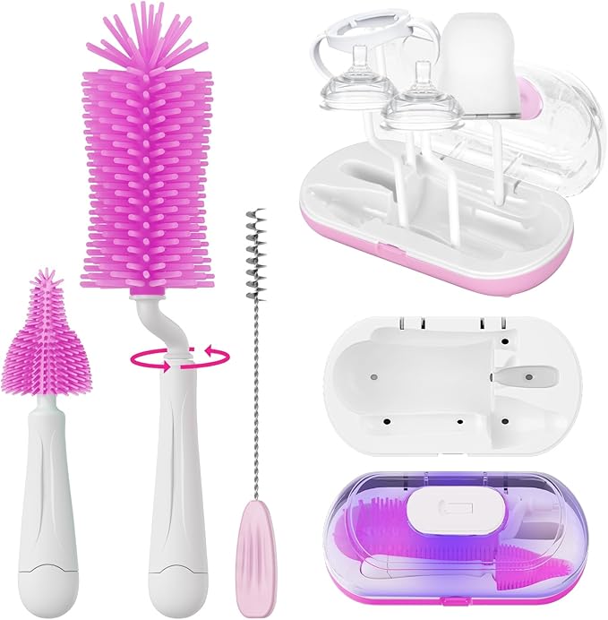 Bottle Brush Set with Drying Rack,Travel Bottle Cleaner Kit with Baby Bottle Brush,Straw Cleaner Brush,Nipple Brush-Baby Travel Essentials for Flying (Purple, Box-Shaped)