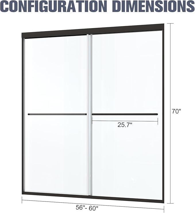 Bypass Glass Shower Door 56-60" W x 70" H with 1/4" Clear SGCC Tempered Glass, Semi-Frameless Double Sliding Shower Door, Easy to Clean, Easy to Install, Matte Black