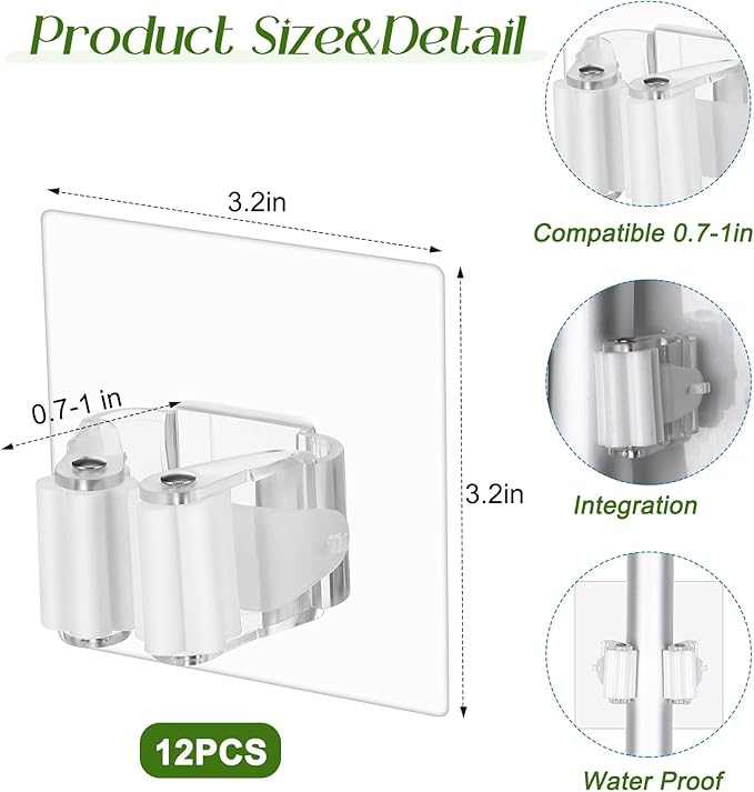 36 Pcs White Wall Hook Set,Include 24pcs Hanging Hook,12pcs Broom and Mop Holder Wall Mounted for Bathroom,Kitchen,Office,Outdoor and Indoor Tool Organizer