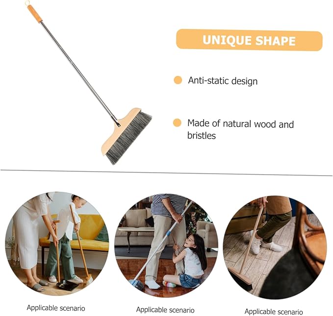 Wood Bristle Broom Heavy Duty Household Sweeper Long Handle Soft Bristle for Tile Surface Cleaning
