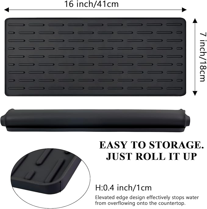 Silicone Coffee Mat, 16"X7" Heat-Resistant,Eco-friendly,Hygienic Drying Pad,Leak-Proof and Non-Slip,Removable Silicone Mat with Concave and Convex Design,（Black 16X7）