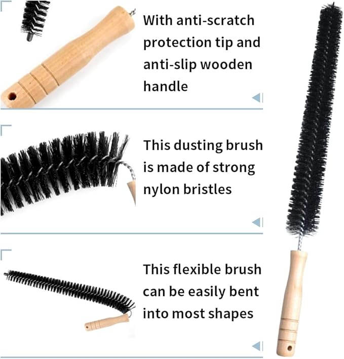 2Pcs Radiator Brush, Dryer Cleaner Vent Brush, 40cm Long Flexible Refrigerator Coil Cleaning Brush, with Wooden Handle, Slim Radiator Duster Brush, Vent Cleaner Brushes(Black)