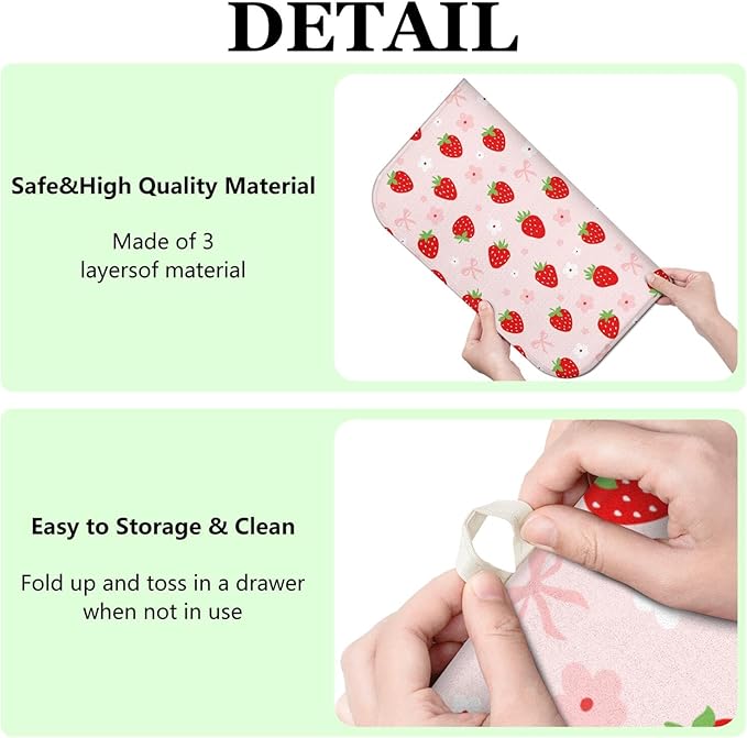 Strawberry Dish Drying Mat for Kitchen Counter,Pink Cute Floral Bow Microfiber Drying Mat,Washable Absorbent Kitchen Countertop Dish Draining Mat,16×18Inch