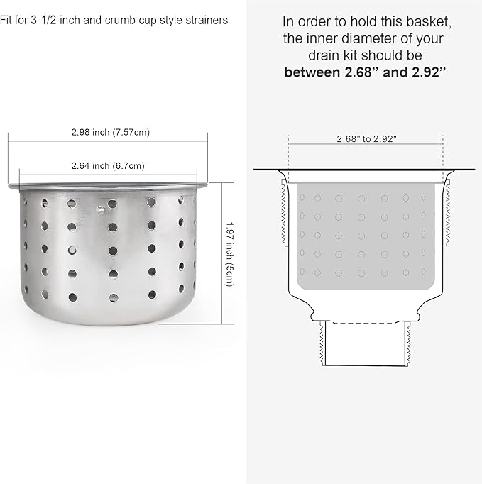 Kitchen Sink Drain Basket Only, 3-inch Basket for Kitchen Sink Strainer Replacement, Deep Cup with Handle, SUS 304 Stainless Steel